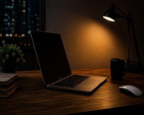 A well-organized wooden desk with a lamp, a notebook, and a laptop with natural sunlight